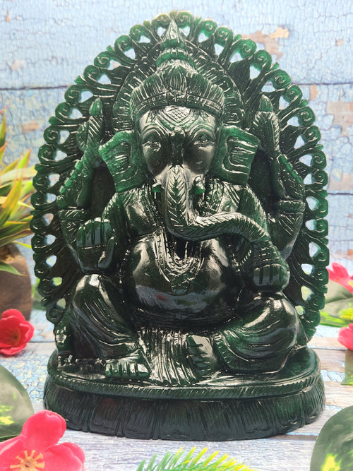 Ganapati idol carving in Dark Green Aventurine - Lord Ganesha Idol in Crystals/Gemstone - Reiki/Chakra/Healing/Energy - 9 in and 2.94 kg (6.47 lb)
