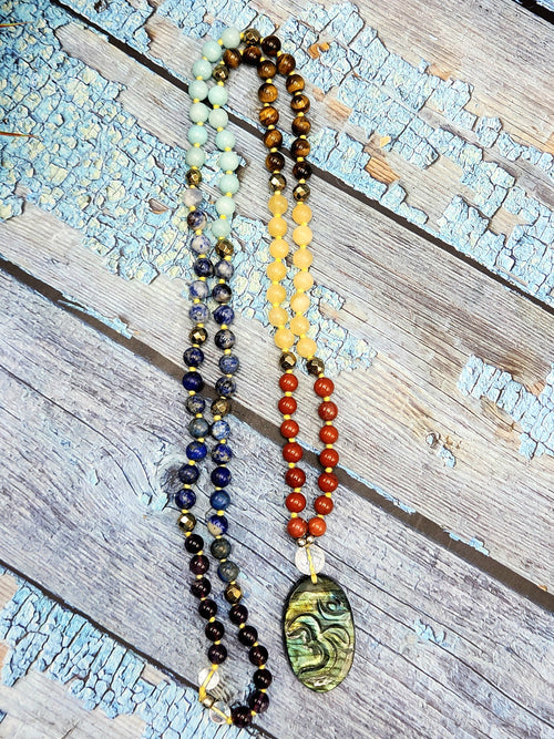 SCC6839 - Unique 7-chakra 109 bead necklace with labradorite Om pendant | gemstone/crystal jewelry | Mother's Day/Anniversary/Engagement/Birthday gift