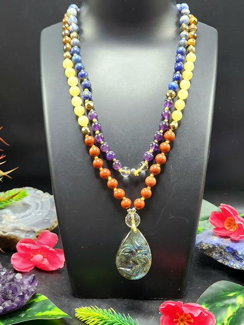 109 bead 7 Chakra mala with labradorite Om pendant | gemstone/crystal jewelry | Mother's Day/Anniversary/Engagement/Birthday gift