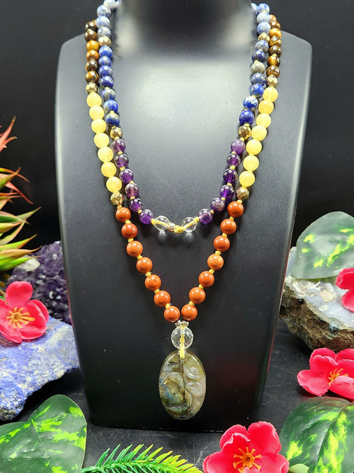 Unique 7-chakra 109 bead necklace with labradorite Om pendant | gemstone/crystal jewelry | Mother's Day/Anniversary/Engagement/Birthday gift