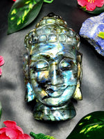 Labradorite or Black Rainbow Gemstone Buddha Head - handmade carving of serene and meditating Lord Buddha - crystal/reiki/chakra - 6 inches and 1.23 kgs