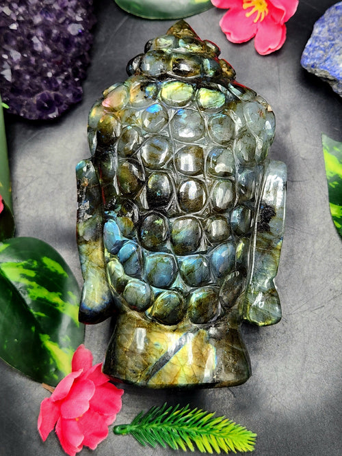 Labradorite or Black Rainbow Gemstone Buddha Head - handmade carving of serene and meditating Lord Buddha - crystal/reiki/chakra - 6 inches and 1.23 kgs