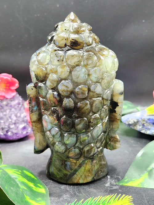 Labradorite or Black Rainbow Gemstone Buddha Head - handmade carving of serene and meditating Lord Buddha - crystal/reiki/chakra - 6 inches and 1.23 kgs