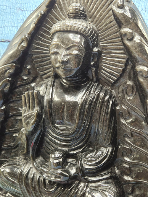 Silver Sheen Buddha - handmade carving of serene and meditating Lord Buddha - crystal/reiki/healing - 11 inches and 4.40 kg (9.68 lb)