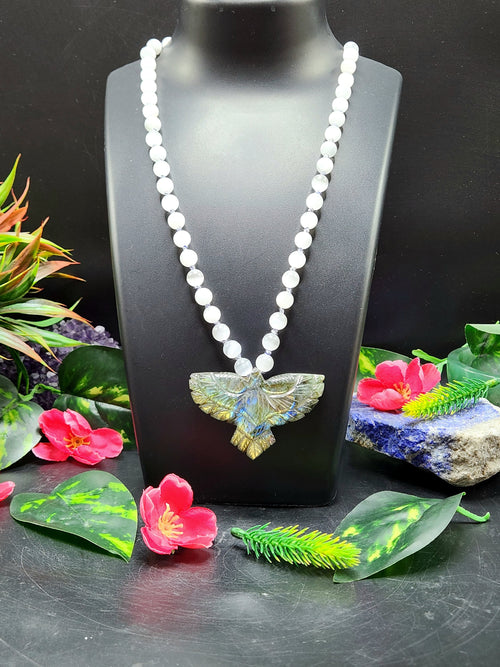 Unique selenite bead necklace with labradorite eagle pendant | gemstone/crystal jewelry | Mother's Day/Anniversary/Engagement gift