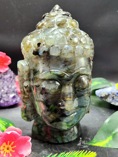 Labradorite or Black Rainbow Gemstone Buddha Head - handmade carving of serene and meditating Lord Buddha - crystal/reiki/chakra - 6 inches and 1.23 kgs