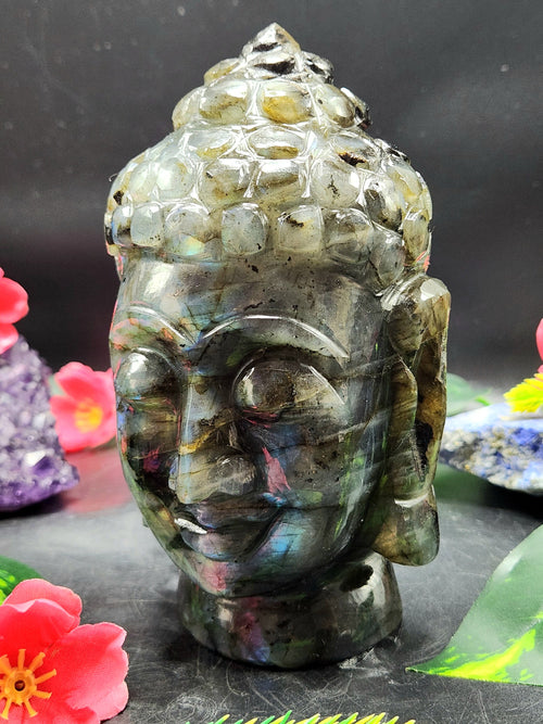 Labradorite or Black Rainbow Gemstone Buddha Head - handmade carving of serene and meditating Lord Buddha - crystal/reiki/chakra - 6 inches and 1.23 kgs
