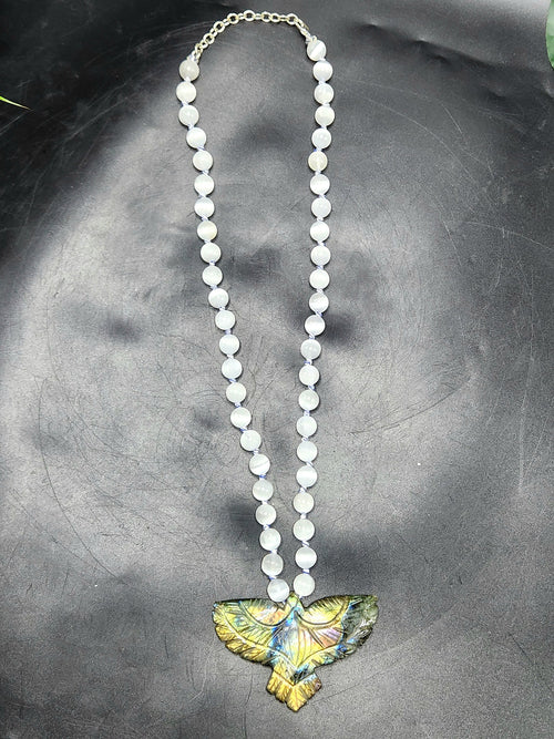 Unique selenite bead necklace with labradorite eagle pendant | gemstone/crystal jewelry | Mother's Day/Anniversary/Engagement gift