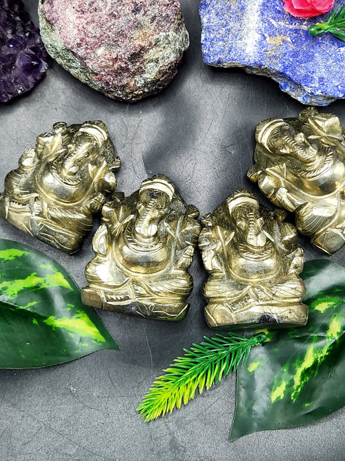 Pyrite stone Handmade Carving of Ganesh - Lord Ganesha Idol | Figurine in Crystals and Gemstones - 2.8 inches and 225 gms - ONE STATUE ONLY