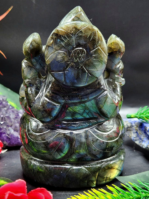 Labradorite Handmade Carving of Ganesh with blue flash - Lord Ganesha Idol | Figurine in Crystals and Gemstones - 5 inches and 0.77 kgs