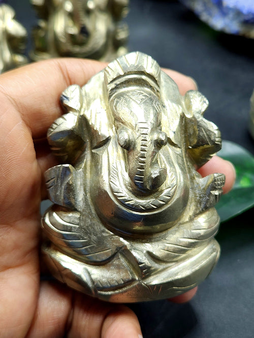 Divine Beauty in Pyrite Stone: Handmade Ganesh Carving Showcasing Exceptional Craftsmanship - 2.8 inches and 290 gms - ONE STATUE ONLY