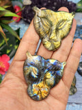 Majestic Handmade Gemstone Carving of Lion Face in Labradorite Stone - Symbol of Strength and Protection - 2 inches - ONE PIECE ONLY