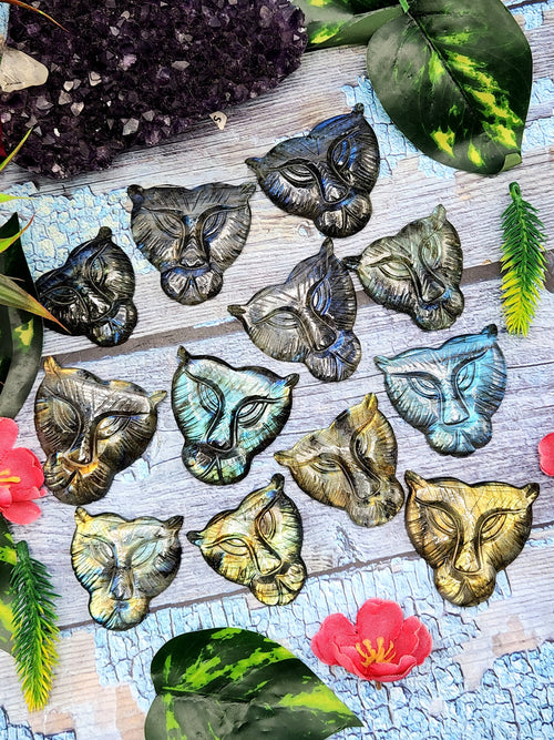 Majestic Handmade Gemstone Carving of Lion Face in Labradorite Stone - Symbol of Strength and Protection - 2 inches - ONE PIECE ONLY