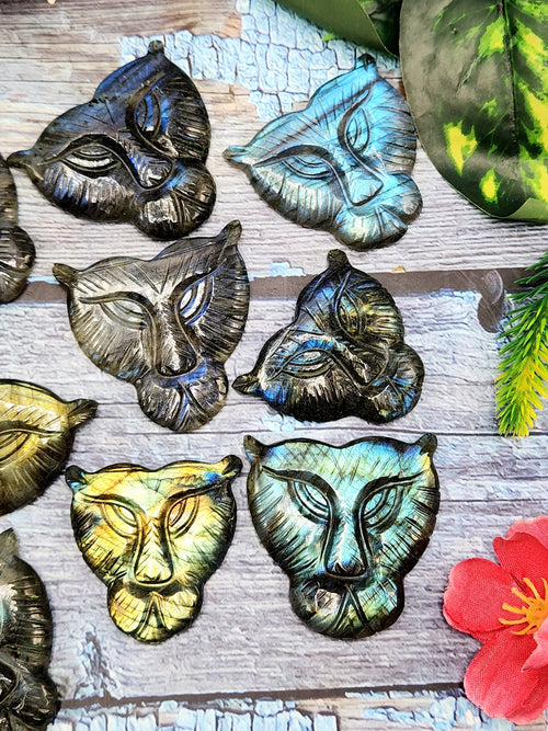 Majestic Handmade Gemstone Carving of Lion Face in Labradorite Stone - Symbol of Strength and Protection - 2 inches - ONE PIECE ONLY