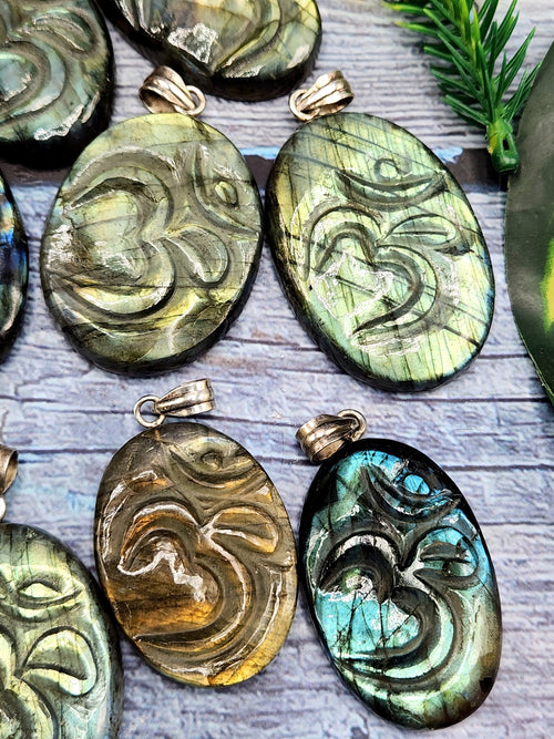 Harmonious Handmade Labradorite Om Symbol Oval Pendant with 925 Silver Loop - Embrace Spiritual Connection and Serenity - ONE PIECE ONLY