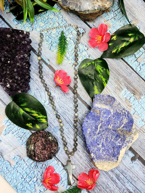 Sacred Handmade Labradorite Bead Mala with Labradorite Holy Cross Pendant - Embrace Spiritual Connection and Divine Protection