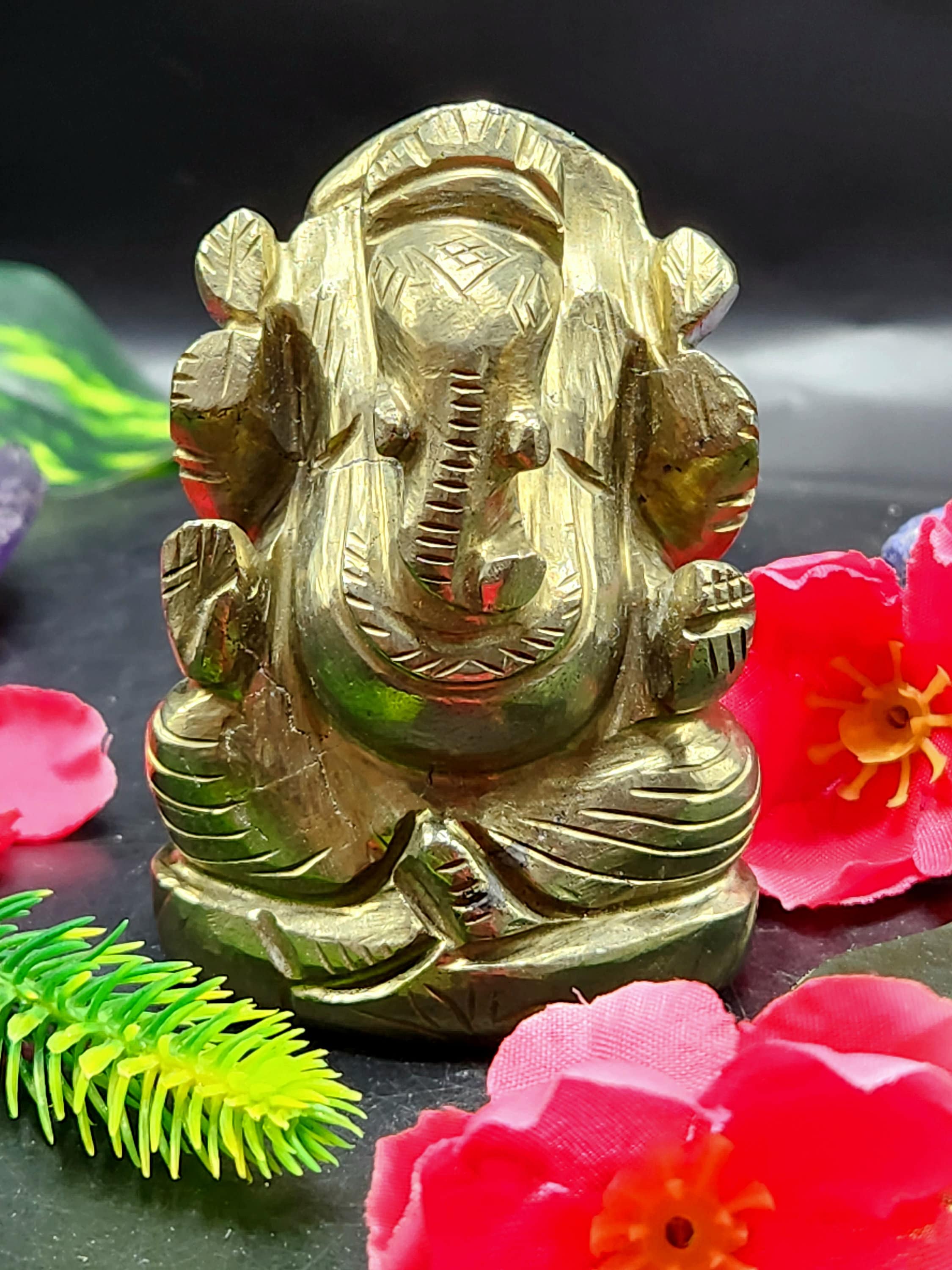 Pyrite stone Handmade Carving of Ganesh - Lord Ganesha Idol | Figurine in Crystals and Gemstones - 3 inches and 370 gms - ONE STATUE ONLY