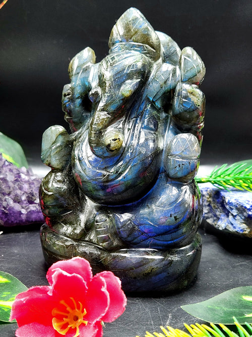 Labradorite Handmade Carving of Ganesh with blue flash - Lord Ganesha Idol | Figurine in Crystals and Gemstones - 5 inches and 0.77 kgs