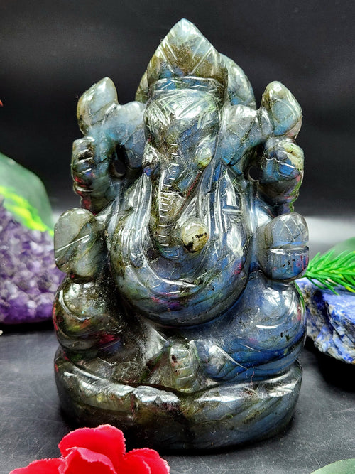 Labradorite Handmade Carving of Ganesh with blue flash - Lord Ganesha Idol | Figurine in Crystals and Gemstones - 5 inches and 0.77 kgs