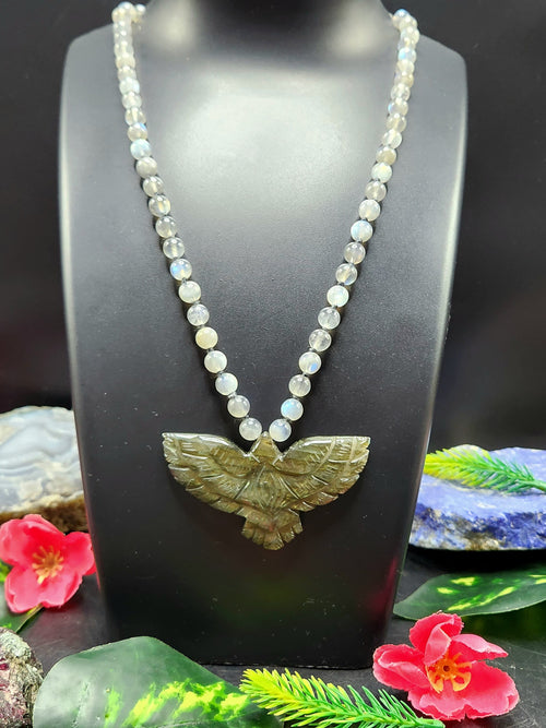Labradorite Bead Mala with Labradorite Phoenix/Eagle Pendant - Embrace Transformation and Divine Connection