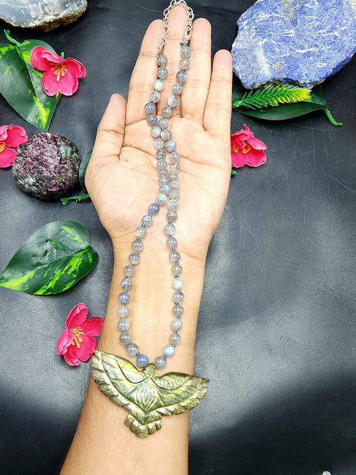 Labradorite Bead Mala with Labradorite Phoenix/Eagle Pendant - Embrace Transformation and Divine Connection