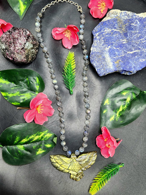 Labradorite Bead Mala with Labradorite Phoenix/Eagle Pendant - Embrace Transformation and Divine Connection