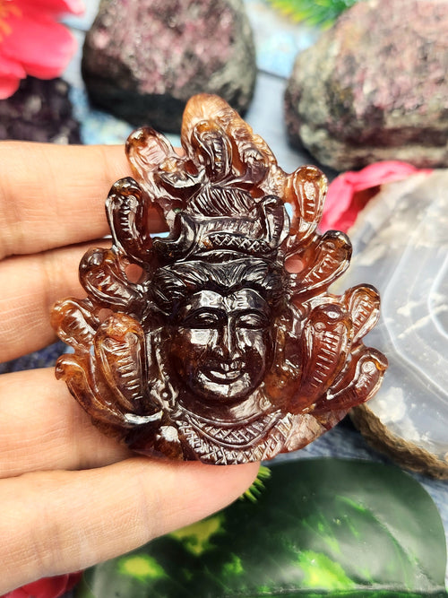Handmade Lord Shiva Head Carving in Hessonite Garnet Stone - Reverence, Beauty, and Artisan Craftsmanship