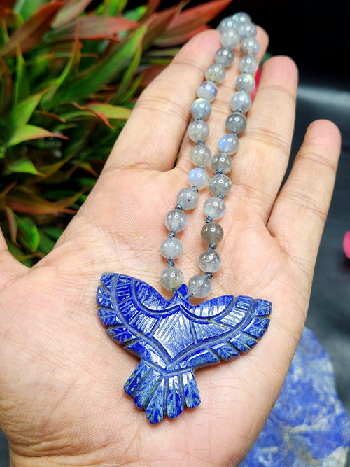 Labradorite Bead Mala with Lapis Lazuli Phoenix Pendant - Symbolism and Craftsmanship