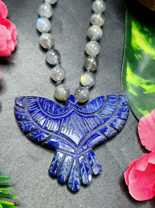 Labradorite Bead Mala with Lapis Lazuli Phoenix Pendant - Symbolism and Craftsmanship