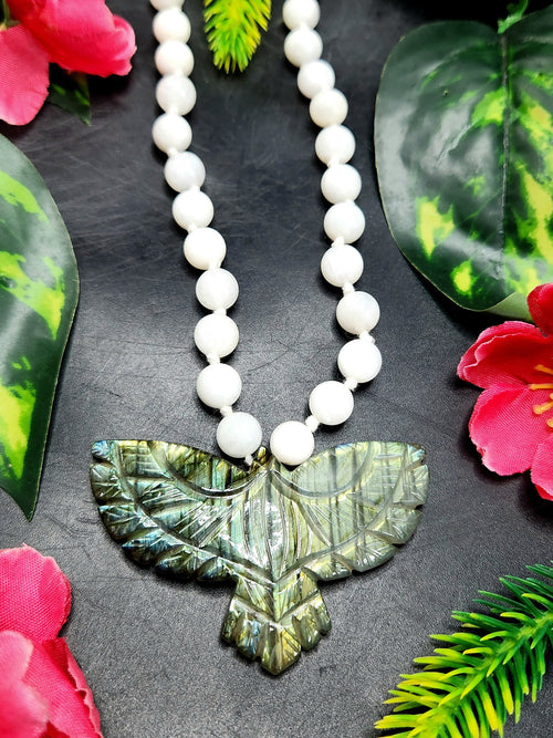 White Moonstone Bead Mala Necklace with Labradorite Phoenix Pendant - Symbolism and Craftsmanship