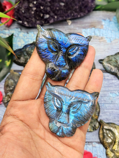 Majestic Handmade Gemstone Carving of Lion Face in Labradorite Stone - Symbol of Strength and Protection - 2 inches - ONE PIECE ONLY