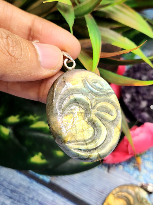 Harmonious Handmade Labradorite Om Symbol Oval Pendant with 925 Silver Loop - Embrace Spiritual Connection and Serenity - ONE PIECE ONLY