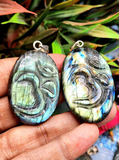 Harmonious Handmade Labradorite Om Symbol Oval Pendant with 925 Silver Loop - Embrace Spiritual Connection and Serenity - ONE PIECE ONLY