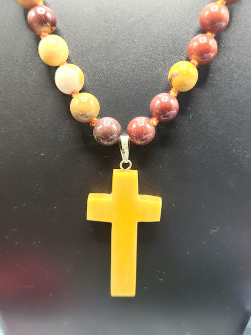 Sacred Handmade Mookaite Jasper Bead Mala with Yellow Aventurine Holy Cross Pendant - Embrace Spiritual Connection and Divine Protection