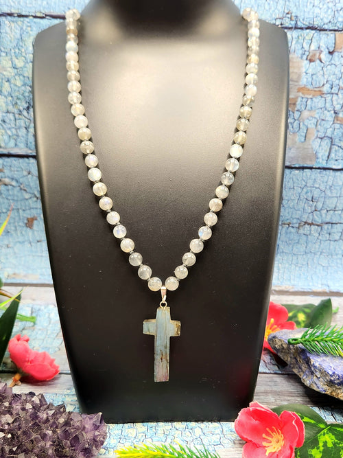 Sacred Handmade Labradorite Bead Mala with Labradorite Holy Cross Pendant - Embrace Spiritual Connection and Divine Protection