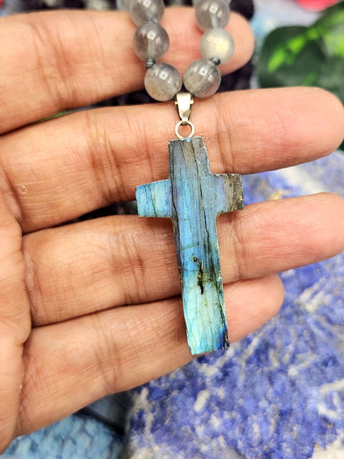 Sacred Handmade Labradorite Bead Mala with Labradorite Holy Cross Pendant - Embrace Spiritual Connection and Divine Protection