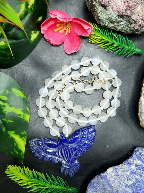 Rainbow Moonstone Bead Mala Necklace with Lapis Lazuli Phoenix/Eagle Pendant - Harness Transformation and Artisan Craftsmanship