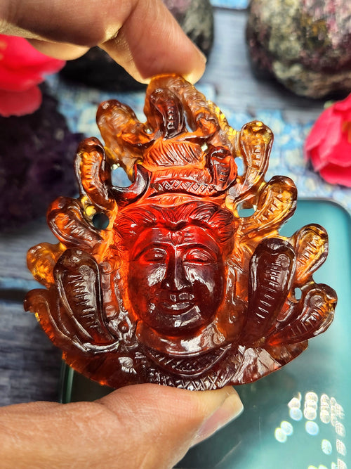 Handmade Lord Shiva Head Carving in Hessonite Garnet Stone - Reverence, Beauty, and Artisan Craftsmanship