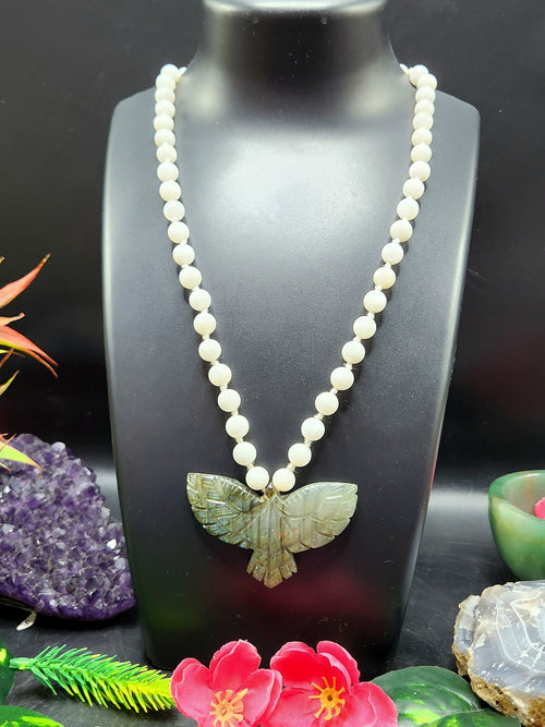 White Moonstone Bead Mala Necklace with Labradorite Phoenix Pendant - Symbolism and Craftsmanship