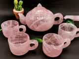 Rose quartz tea set - exquisite carving of a tea kettle and 4 tea cups in rose quartz - crystal and gemstone carving