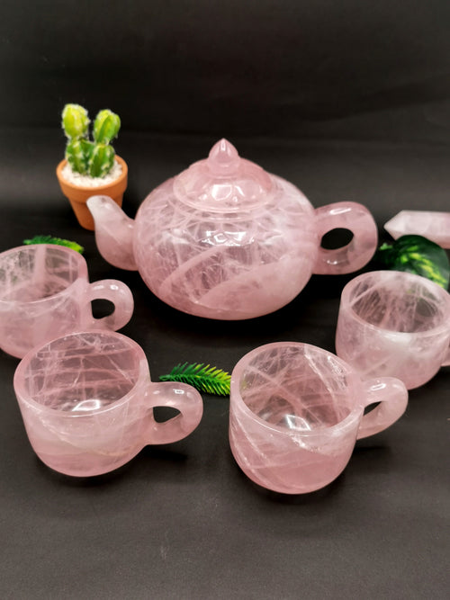 Rose quartz tea set - exquisite carving of a tea kettle and 4 tea cups in rose quartz - crystal and gemstone carving