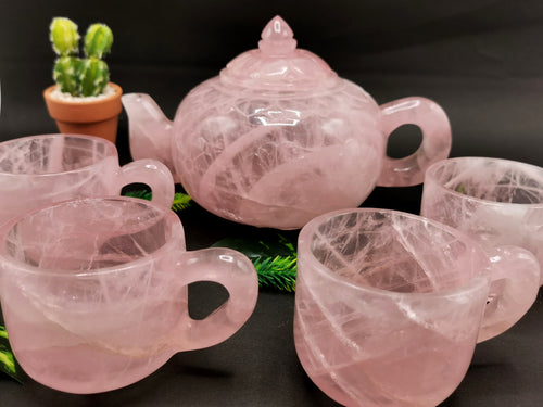 Rose quartz tea set - exquisite carving of a tea kettle and 4 tea cups in rose quartz - crystal and gemstone carving