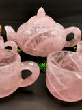 Rose quartz tea set - exquisite carving of a tea kettle and 4 tea cups in rose quartz - crystal and gemstone carving