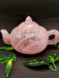 Rose quartz tea set - exquisite carving of a tea kettle and 4 tea cups in rose quartz - crystal and gemstone carving