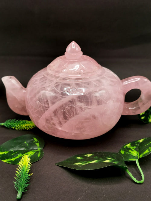 Rose quartz tea set - exquisite carving of a tea kettle and 4 tea cups in rose quartz - crystal and gemstone carving