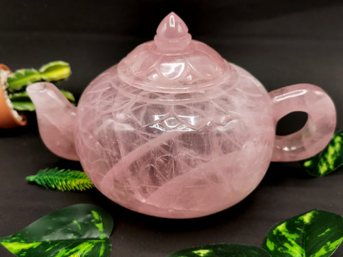 Rose quartz tea set - exquisite carving of a tea kettle and 4 tea cups in rose quartz - crystal and gemstone carving