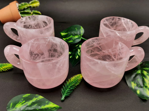 Rose quartz tea set - exquisite carving of a tea kettle and 4 tea cups in rose quartz - crystal and gemstone carving