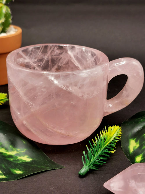 Rose quartz tea set - exquisite carving of a tea kettle and 4 tea cups in rose quartz - crystal and gemstone carving