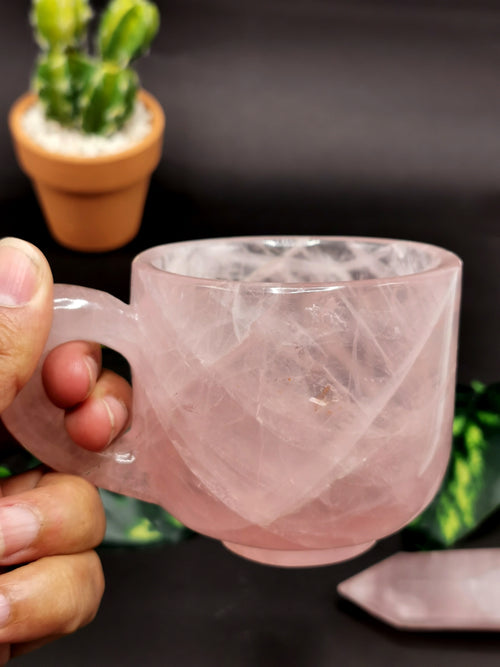 Rose quartz tea set - exquisite carving of a tea kettle and 4 tea cups in rose quartz - crystal and gemstone carving