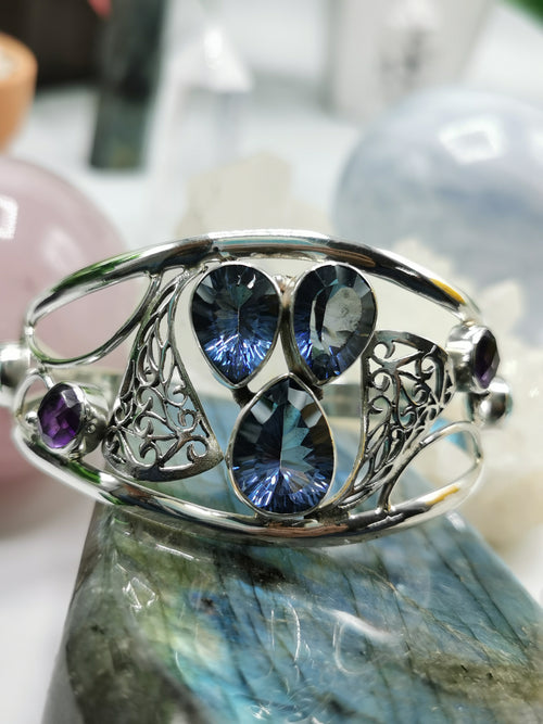 Beautiful Bracelet in Mystic, Amethyst and Blue Topaz stone made in 925 silver, free size | gemstone jewelry | crystal jewelry | quartz - Shwasam